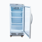 Image of a 215L stainless steel upright display fridge with one door opened.