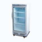 Image of a 215L stainless steel upright display fridge with one door, right angled view.