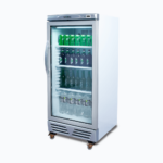Image of a 215L stainless steel upright display fridge with one door, right angled view with drinks inside.