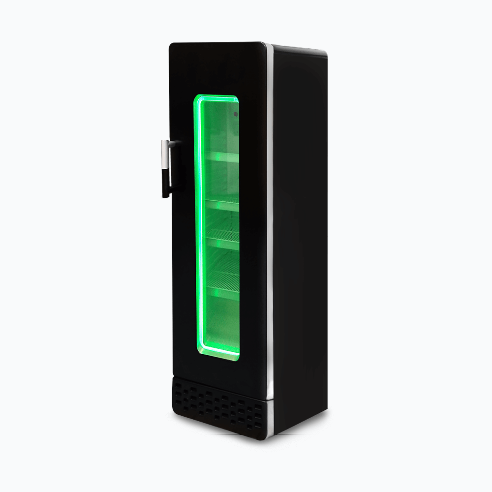 Image of a 290L black retro style upright display fridge with one door and green led lights, right angled view.