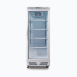 Image of a 290L stainless steel upright display fridge with one door, front view.