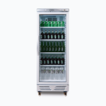 Image of a 290L stainless steel upright display fridge with one door, front view with drinks inside.