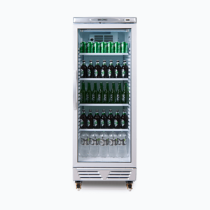 Image of a 290L stainless steel upright display fridge with one door, front view with drinks inside.