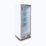 Image of a 290L stainless steel upright display fridge with one door, left angled view.