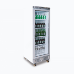 Image of a 290L stainless steel upright display fridge with one door, left angled view with drinks inside.