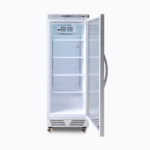 Image of a 290L stainless steel upright display fridge with one door opened.