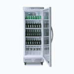 Image of a 290L stainless steel upright display fridge with one door opened with drinks inside.