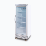 Image of a 290L stainless steel upright display fridge with one door, right angled view.