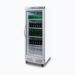 Image of a 290L stainless steel upright display fridge with one door, right angled view with drinks inside.