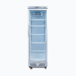 Image of a 372L stainless steel upright display fridge with one door, front view.