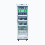 Image of a 372L stainless steel upright display fridge with one door, front view with drinks inside.