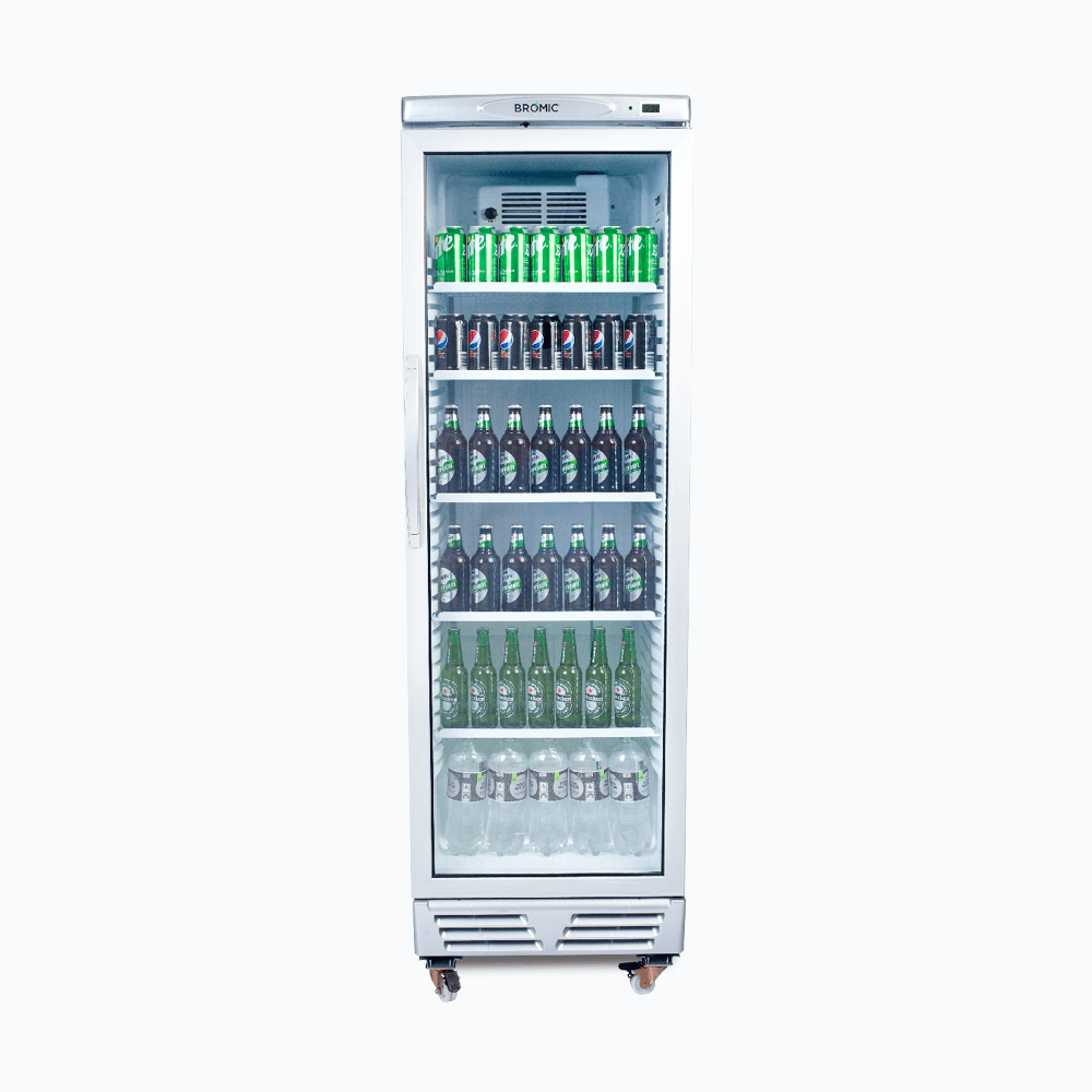 Image of a 372L stainless steel upright display fridge with one door, front view with drinks inside.