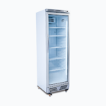 Image of a 372L stainless steel upright display fridge with one door, left angled view.