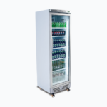 Image of a 372L stainless steel upright display fridge with one door, left angled view with drinks inside.