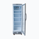 Image of a 372L stainless steel upright display fridge with one door opened.