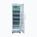 Image of a 372L stainless steel upright display fridge with one door opened with drinks inside.