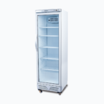 Image of a 372L stainless steel upright display fridge with one door, right angled view.