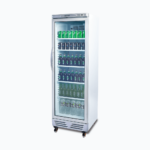 Image of a 372L stainless steel upright display fridge with one door, right angled view with drinks inside.