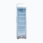 Image of a 372L stainless steel upright display fridge with lightbox and one door, front view.