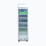 Image of a 372L stainless steel upright display fridge with lightbox and one door, front view with drinks inside.