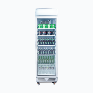 Image of a 372L stainless steel upright display fridge with lightbox and one door, front view with drinks inside.