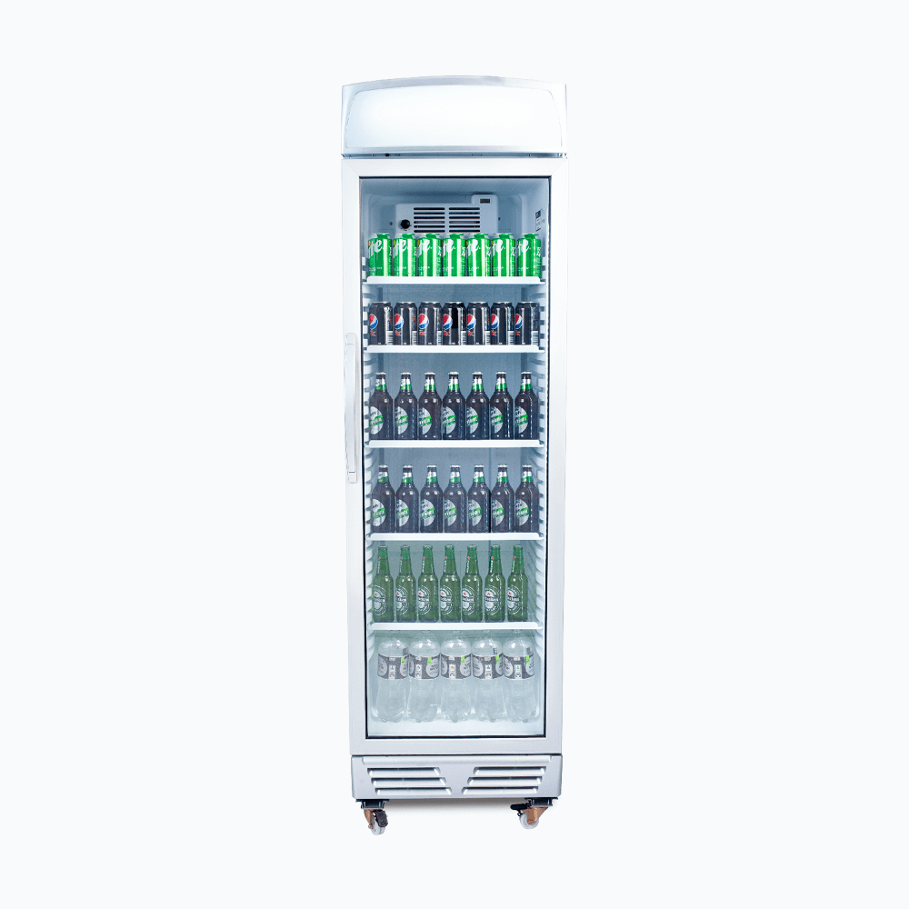 Image of a 372L stainless steel upright display fridge with lightbox and one door, front view with drinks inside.