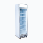 Image of a 372L stainless steel upright display fridge with lightbox and one door, left angled view.