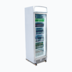 Image of a 372L stainless steel upright display fridge with lightbox and one door, left angled view with drinks inside.