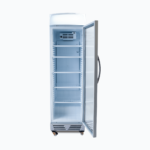 Image of a 372L stainless steel upright display fridge with lightbox and one door opened.