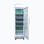 Image of a 372L stainless steel upright display fridge with lightbox and one door opened with drinks inside.