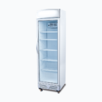 Image of a 372L stainless steel upright display fridge with lightbox and one door, right angled view.
