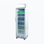 Image of a 372L stainless steel upright display fridge with lightbox and one door, right angled view with drinks inside.