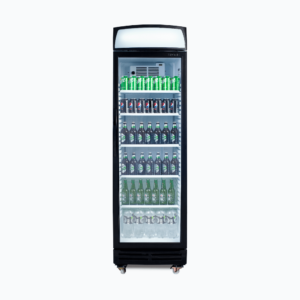 Image of a 372L black/white upright display fridge with lightbox and one door, front view with drinks inside.