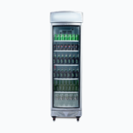 Image of a 380L stainless steel upright display fridge with lightbox and one door, front view with drinks inside.