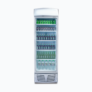 Front view of Bromic GM0440L-NR upright display fridge fully stocked with beverages, ideal for cafes, bars, and convenience stores needing energy-efficient refrigeration with maximum visibility.