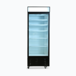 Image of a 690L black upright display fridge with lightbox and one door, front view.