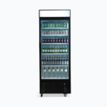 Image of a 690L black upright display fridge with lightbox and one door, front view with drinks inside.