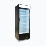 Image of a 690L black upright display fridge with lightbox and one door, left angled view.