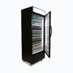 Image of a 690L black upright display fridge with lightbox and one door, left angled view with drinks inside.