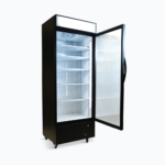 Image of a 690L black upright display fridge with lightbox and one door opened.