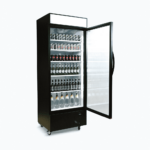 Image of a 690L black upright display fridge with lightbox and one door opened with drinks inside.