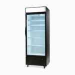 Image of a 690L black upright display fridge with lightbox and one door, right angled view.