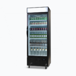 Image of a 690L black upright display fridge with lightbox and one door, right angled view with drinks inside.