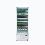 Image of a 690L white upright display fridge with lightbox and one door, front view with drinks inisde.