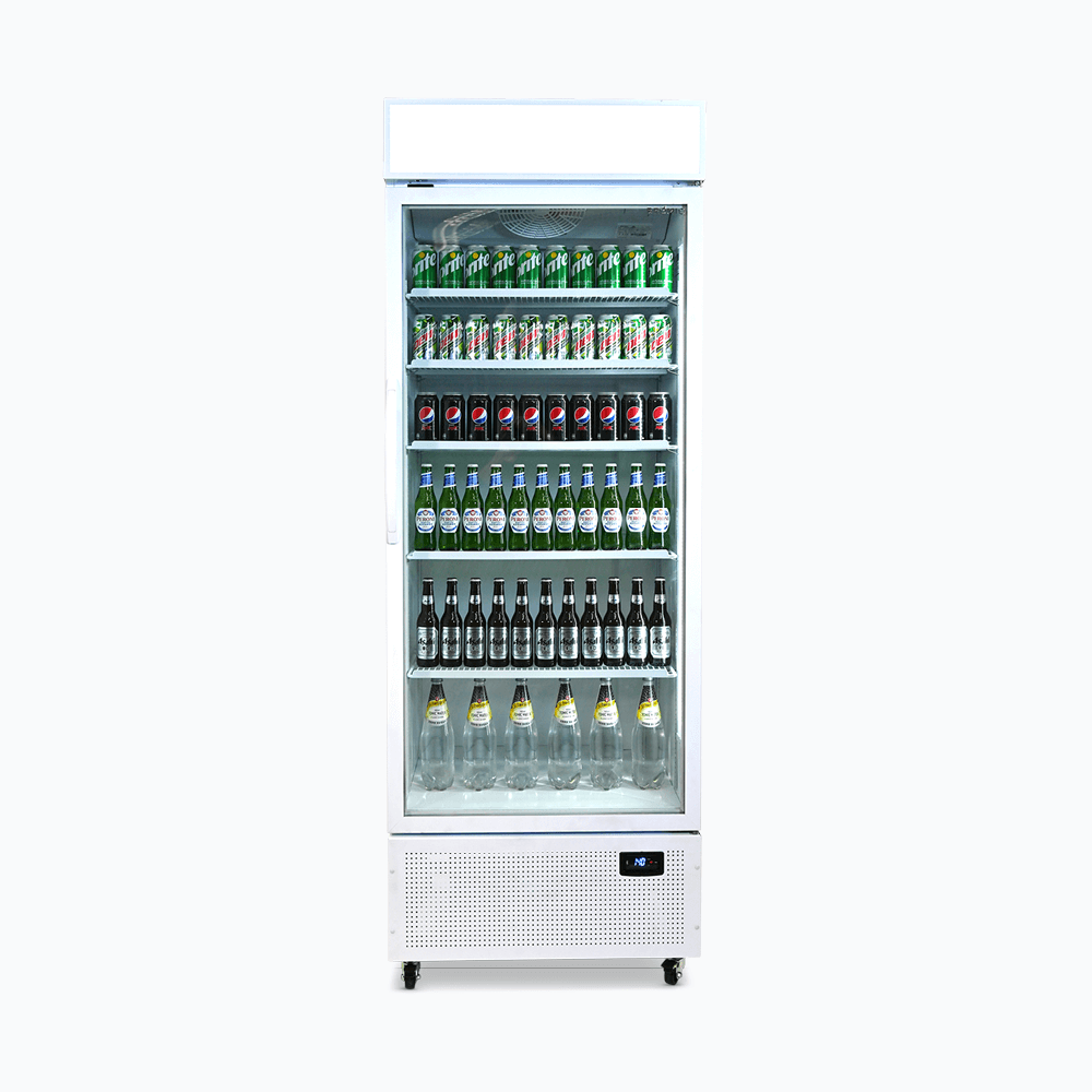 Image of a 690L white upright display fridge with lightbox and one door, front view with drinks inisde.