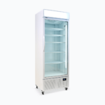 Image of a 690L white upright display fridge with lightbox and one door, left angled view.
