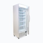 Image of a 690L white upright display fridge with lightbox and one door opened.