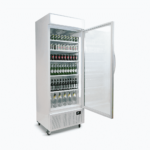 Image of a 690L white upright display fridge with lightbox and one door opened with drinks inisde.