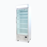 Image of a 690L white upright display fridge with lightbox and one door, right angled view.