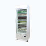 Image of a 690L white upright display fridge with lightbox and one door, right angled view with drinks inisde.